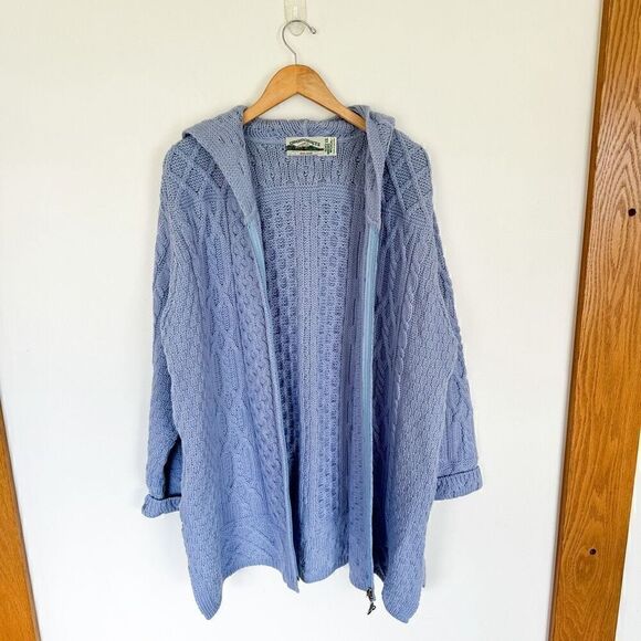 Aran Crafts Blue  Vintage Merino Wool Longer Length Full Zip Hooded Fisherman Kn - Picture 2 of 9